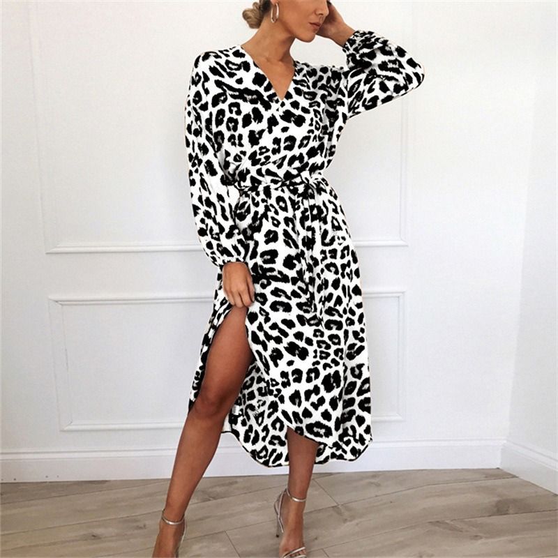 Africa new women's dress 2024 autumn new skirt leopard print V-neck long sleeve lace-up dress leopard print irregular ladies MIDI skirt