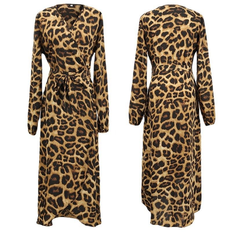 Africa new women's dress 2024 autumn new skirt leopard print V-neck long sleeve lace-up dress leopard print irregular ladies MIDI skirt