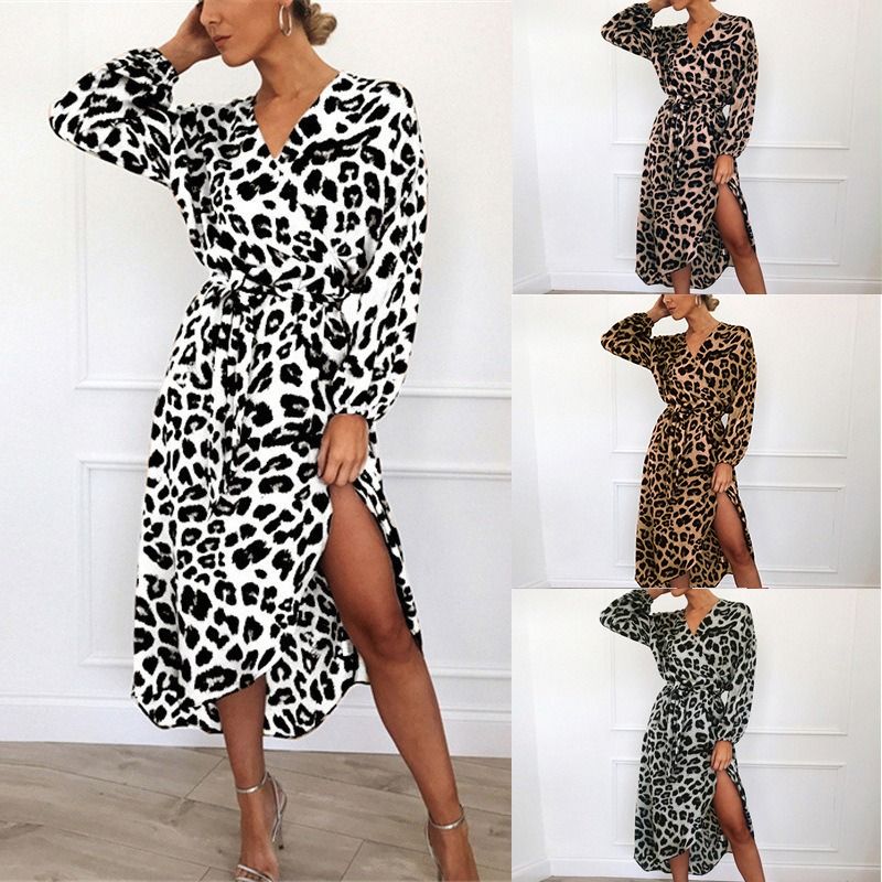 Africa new women's dress 2024 autumn new skirt leopard print V-neck long sleeve lace-up dress leopard print irregular ladies MIDI skirt