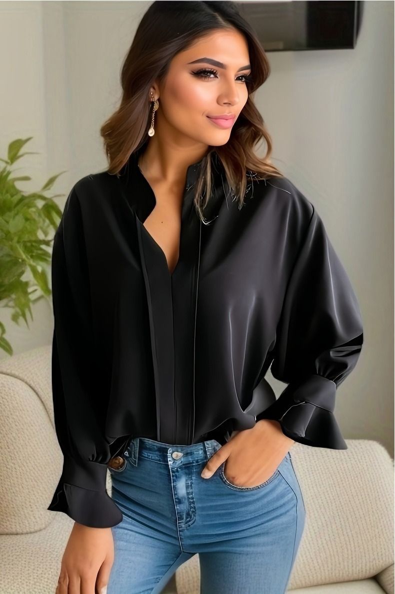 2024 Africa Europe Spring / Autumn Fashion V-neck Long Sleeve Elegant Business Office Casual Shirt Women's Blouse Solid Color Pattern Flare Sleeve Elegant Style: