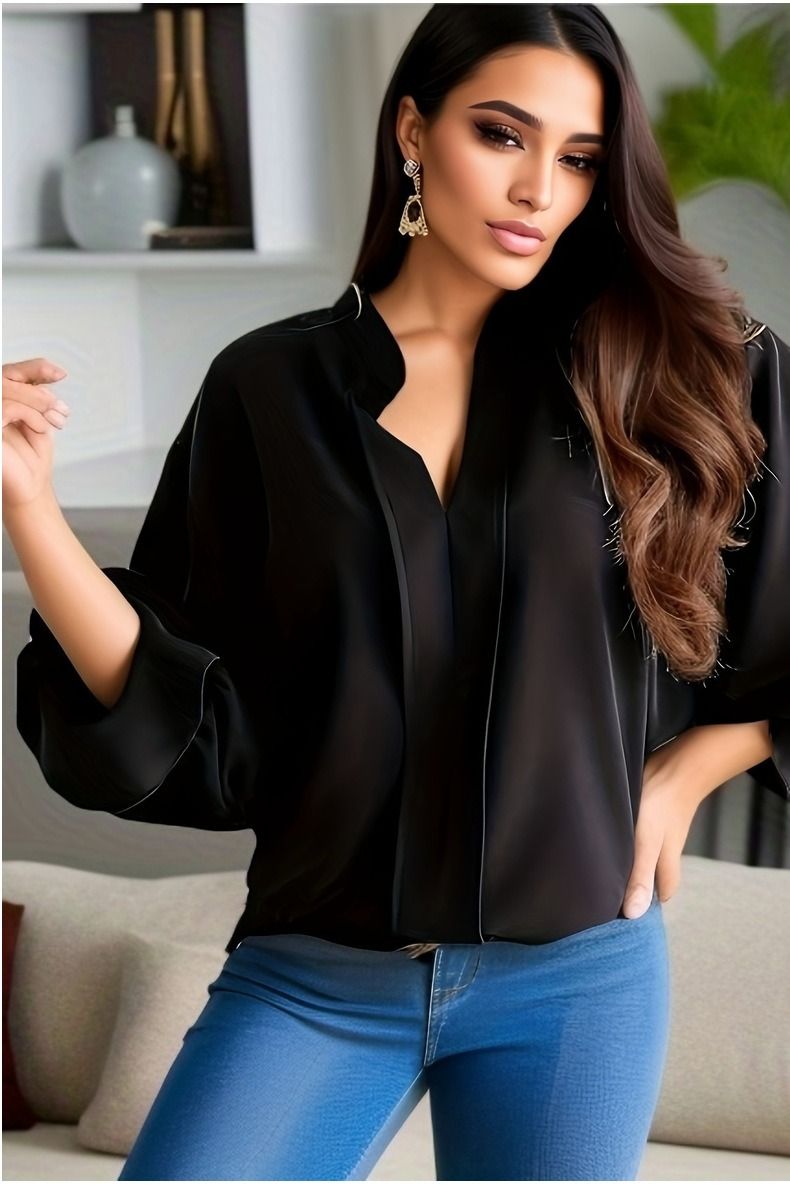 2024 Africa Europe Spring / Autumn Fashion V-neck Long Sleeve Elegant Business Office Casual Shirt Women's Blouse Solid Color Pattern Flare Sleeve Elegant Style: