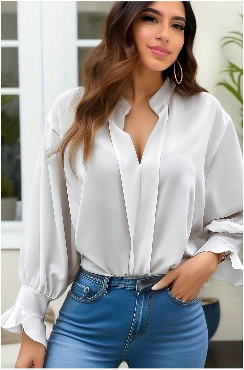 2024 Africa Europe Spring / Autumn Fashion V-neck Long Sleeve Elegant Business Office Casual Shirt Women's Blouse Solid Color Pattern Flare Sleeve Elegant Style: