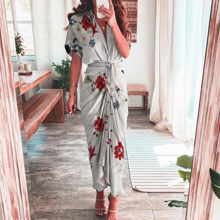 2024 Africa summer Amazon European and American women's fashion long skirt INS temperament Fashion temperament commuter print shirt sheath dress