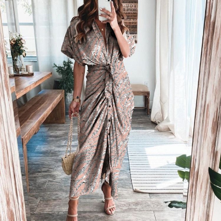 2024 Africa summer Amazon European and American women's fashion long skirt INS temperament Fashion temperament commuter print shirt sheath dress