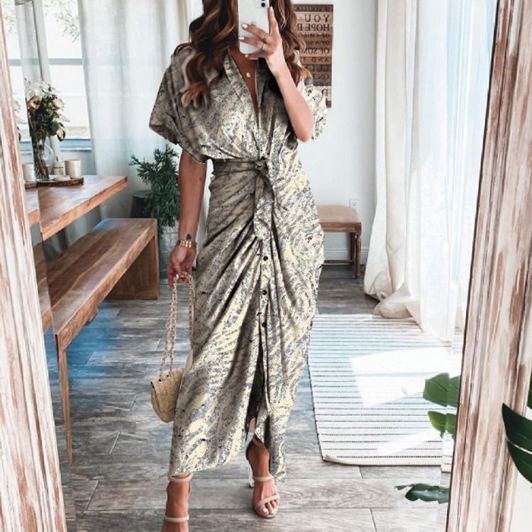2024 Africa summer Amazon European and American women's fashion long skirt INS temperament Fashion temperament commuter print shirt sheath dress