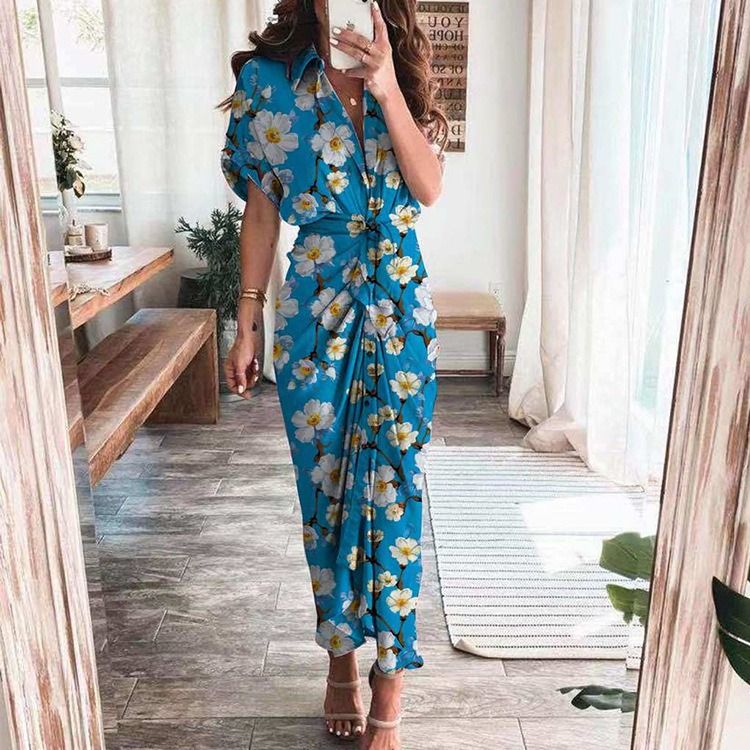 2024 Africa summer Amazon European and American women's fashion long skirt INS temperament Fashion temperament commuter print shirt sheath dress