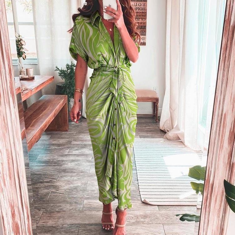 2024 Africa summer Amazon European and American women's fashion long skirt INS temperament Fashion temperament commuter print shirt sheath dress