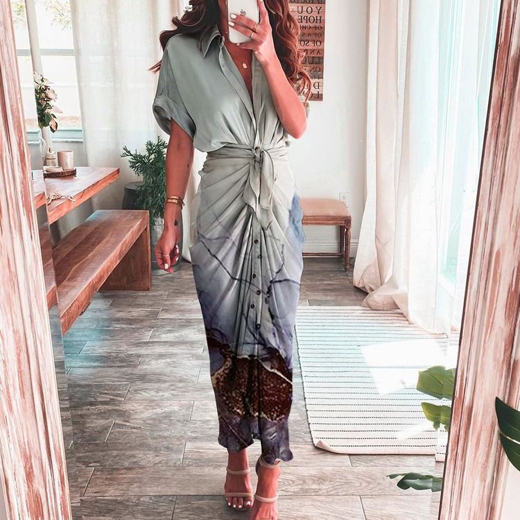 2024 Africa summer Amazon European and American women's fashion long skirt INS temperament Fashion temperament commuter print shirt sheath dress