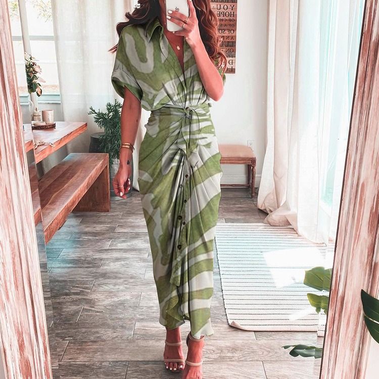 2024 Africa summer Amazon European and American women's fashion long skirt INS temperament Fashion temperament commuter print shirt sheath dress