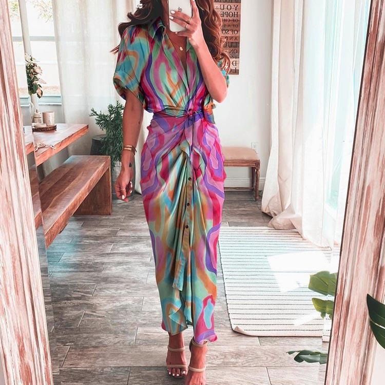 2024 Africa summer Amazon European and American women's fashion long skirt INS temperament Fashion temperament commuter print shirt sheath dress