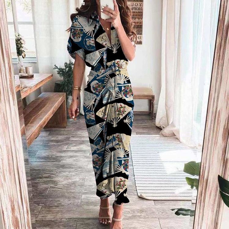 2024 Africa summer Amazon European and American women's fashion long skirt INS temperament Fashion temperament commuter print shirt sheath dress