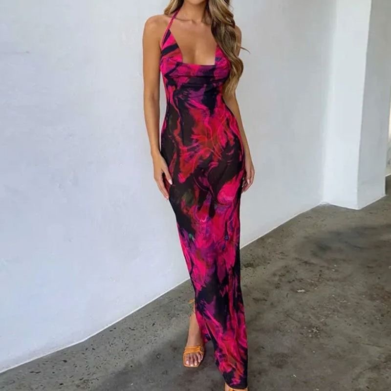 African women's 2024 summer new sexy commuter elegant style backless slim-fit wrap hip print halter dress halter pencil skirt