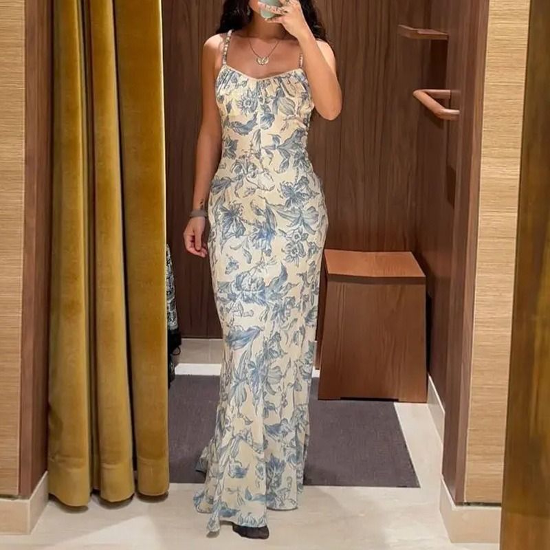 African women's 2024 summer new sexy commuter elegant style backless slim-fit wrap hip print halter dress halter pencil skirt