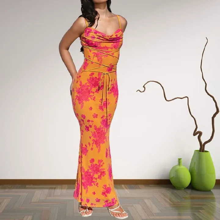 African women's 2024 summer new sexy commuter elegant style backless slim-fit wrap hip print halter dress halter pencil skirt