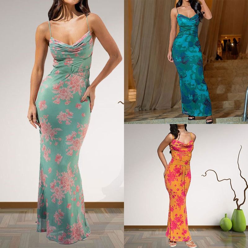 African women's 2024 summer new sexy commuter elegant style backless slim-fit wrap hip print halter dress halter pencil skirt