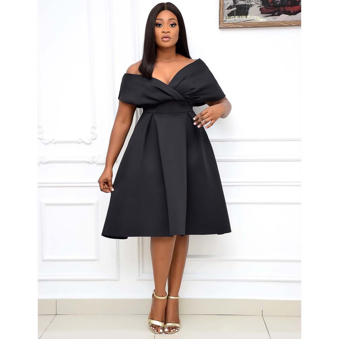 Cross-border independent station new African large size women's short-sleeved V-neck off-the-shoulder large evening dress dress