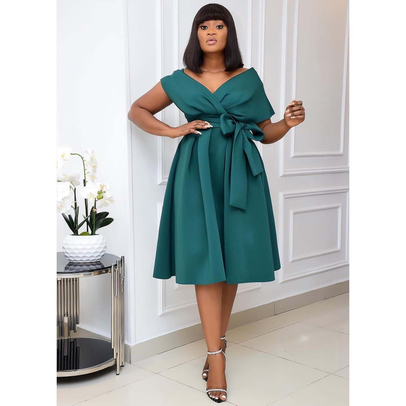 Cross-border independent station new African large size women's short-sleeved V-neck off-the-shoulder large evening dress dress