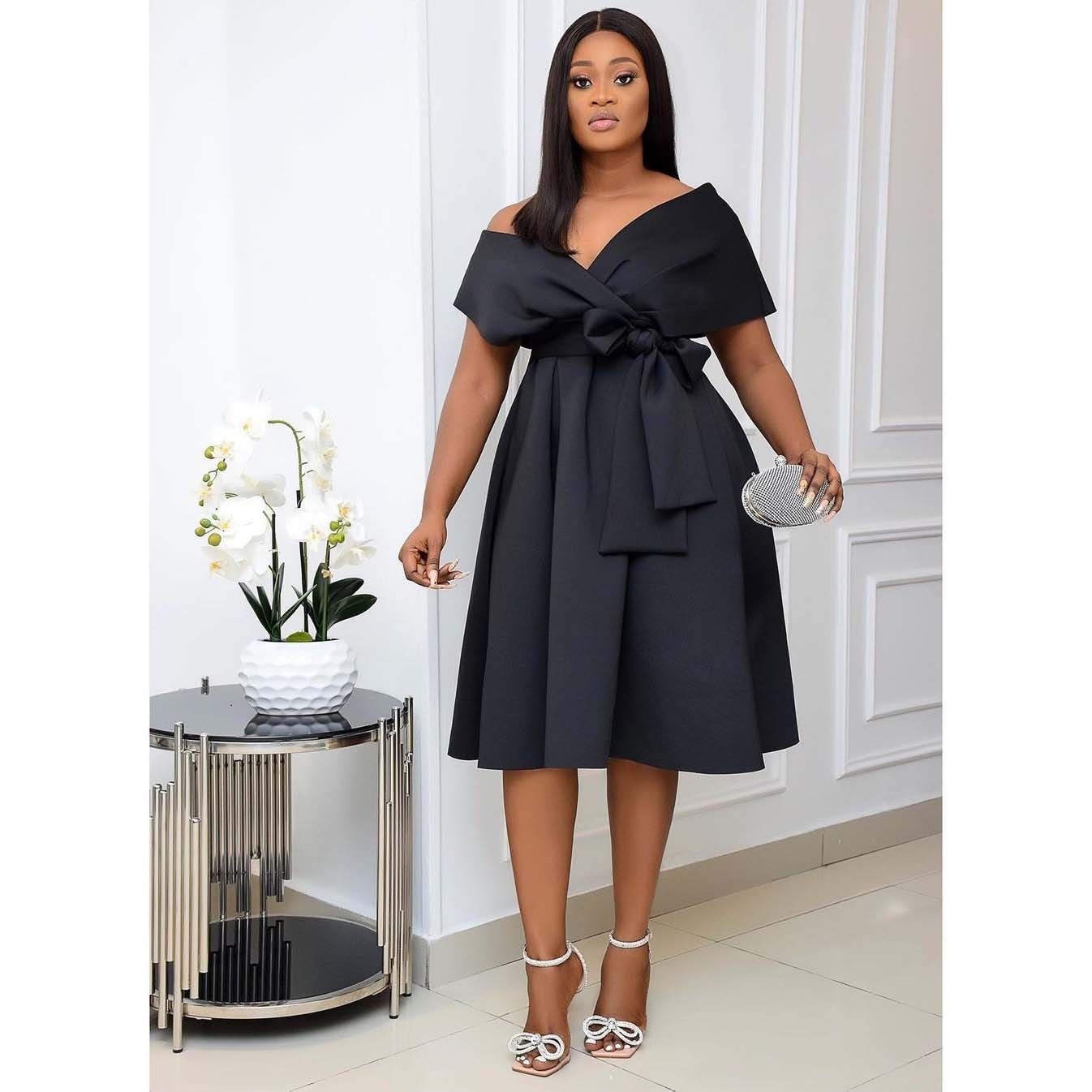 Cross-border independent station new African large size women's short-sleeved V-neck off-the-shoulder large evening dress dress