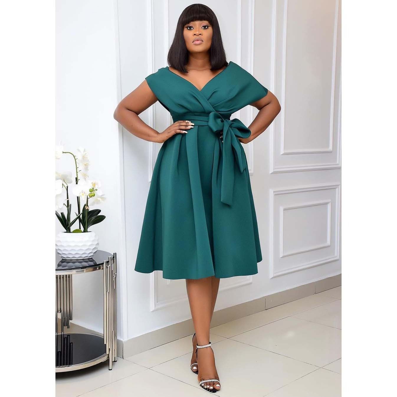 Cross-border independent station new African large size women's short-sleeved V-neck off-the-shoulder large evening dress dress