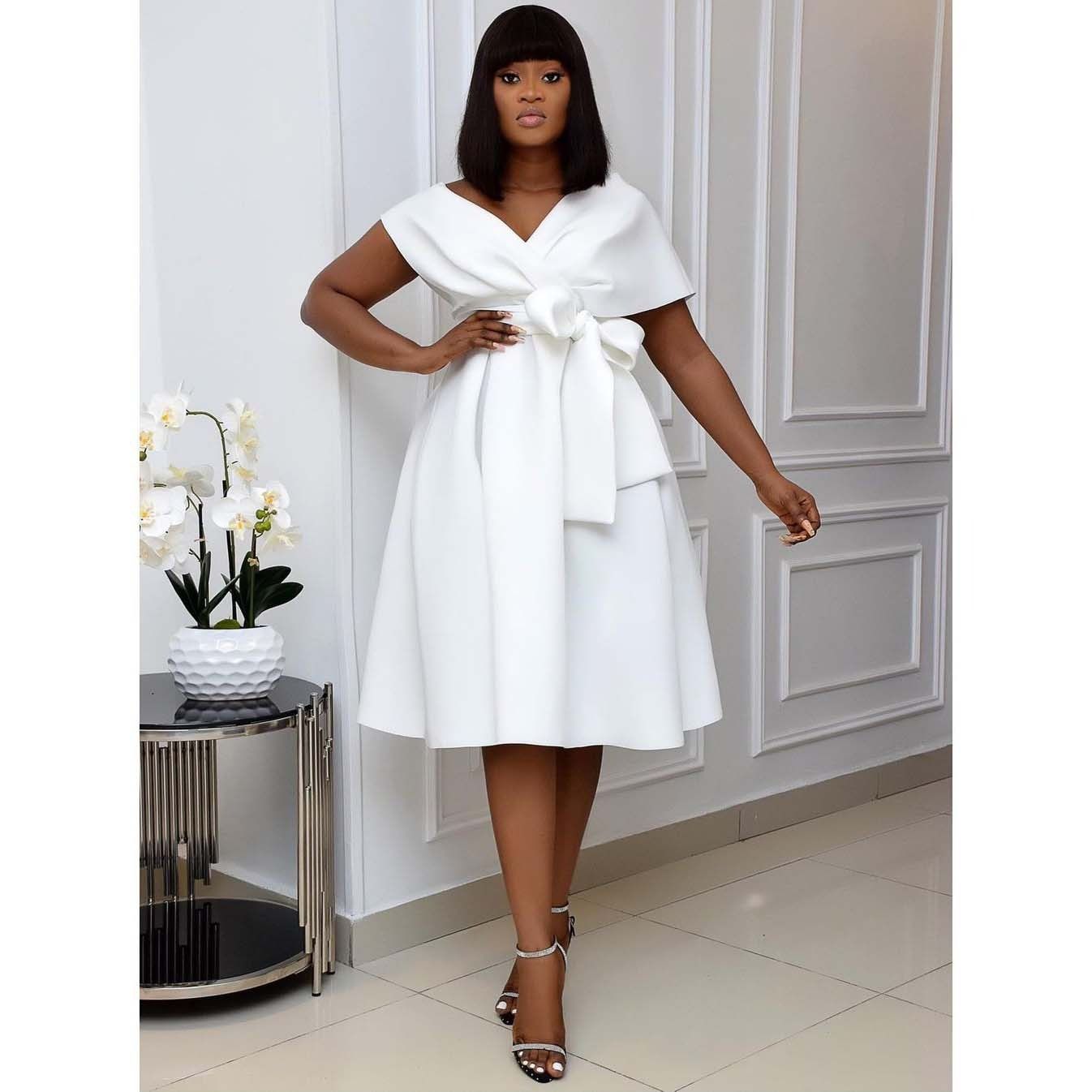 Cross-border independent station new African large size women's short-sleeved V-neck off-the-shoulder large evening dress dress