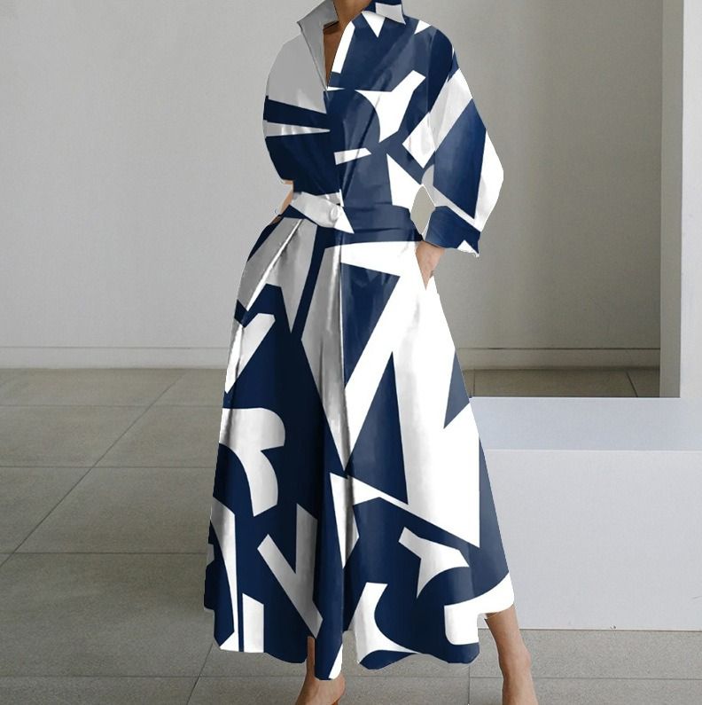 2024 Africa explosive autumn new fashion long-sleeved V-neck print dress women's temperament commuter elegant wind women's dress