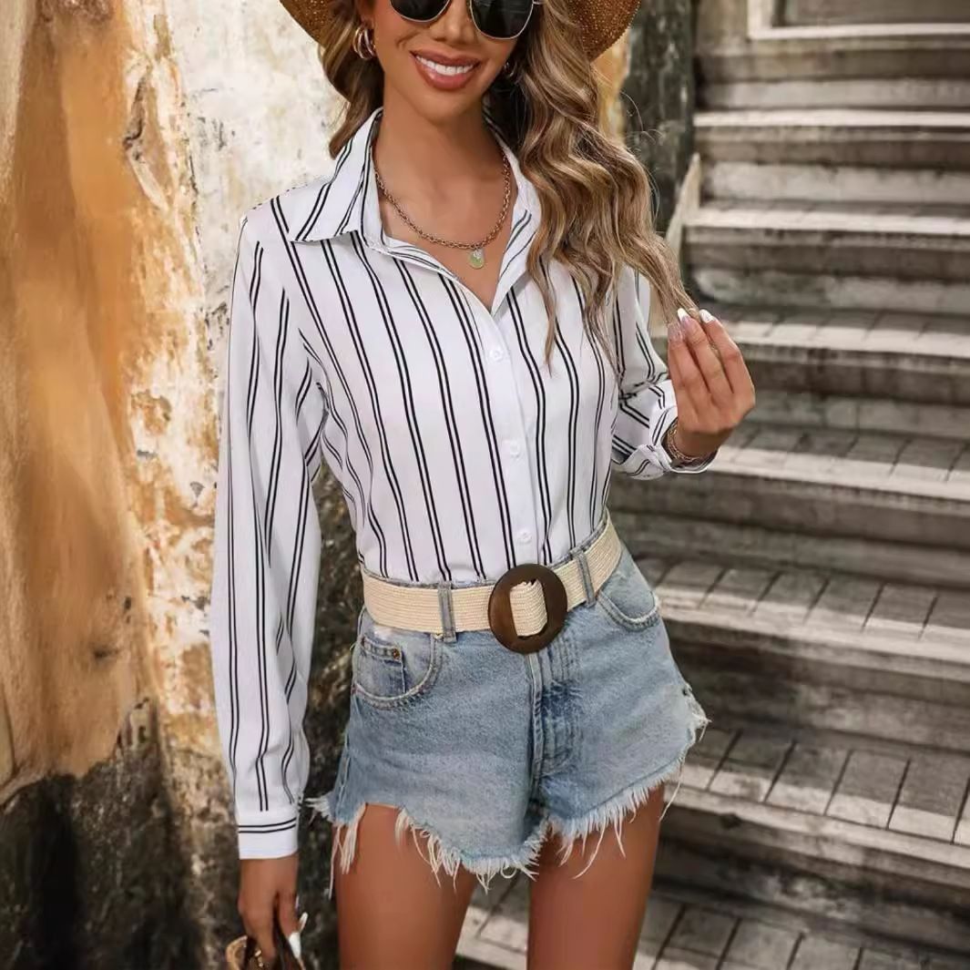 2024 Europe and the United States Amazon cross-border foreign trade new commuter fashion striped loose long-sleeved shirt woman