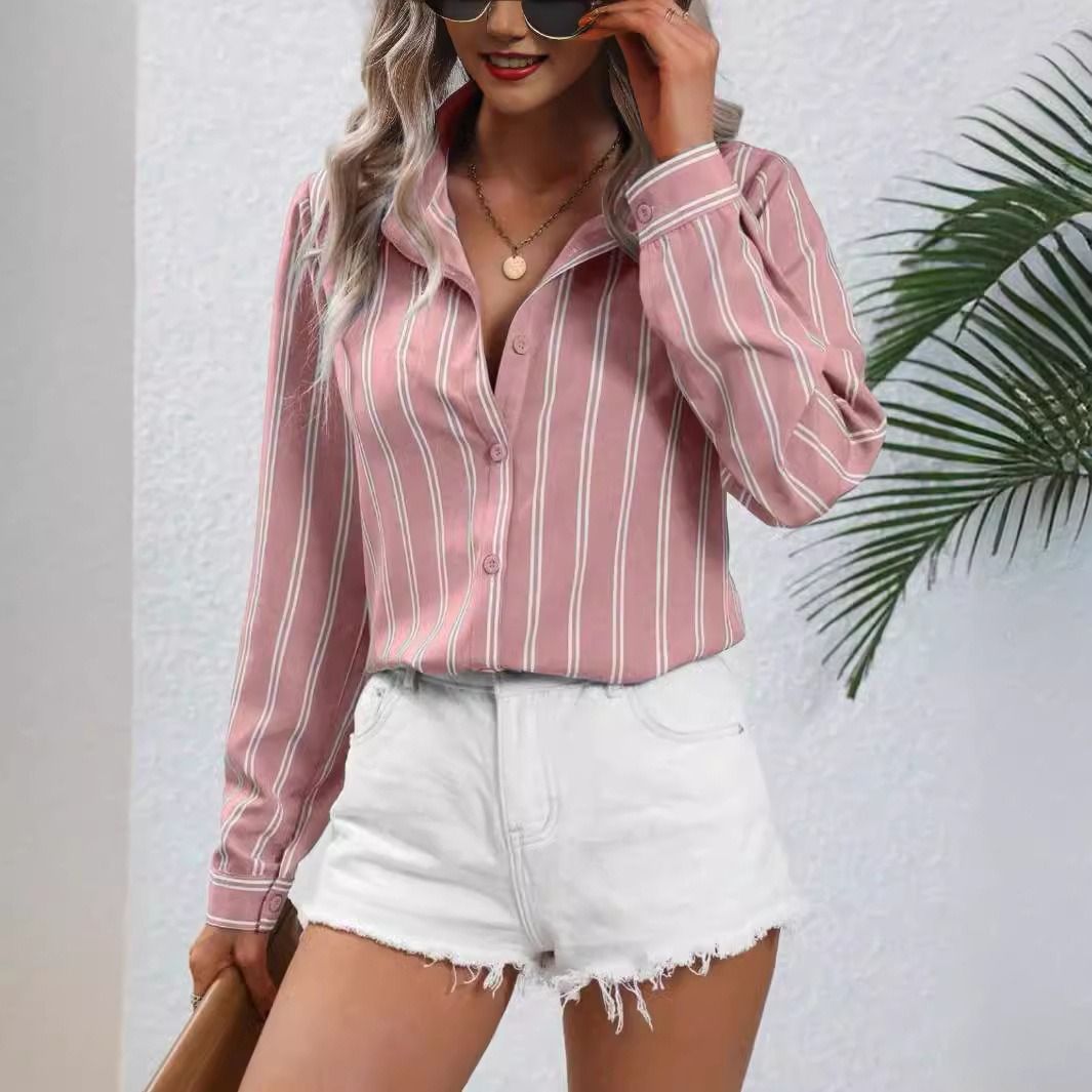 2024 Europe and the United States Amazon cross-border foreign trade new commuter fashion striped loose long-sleeved shirt woman