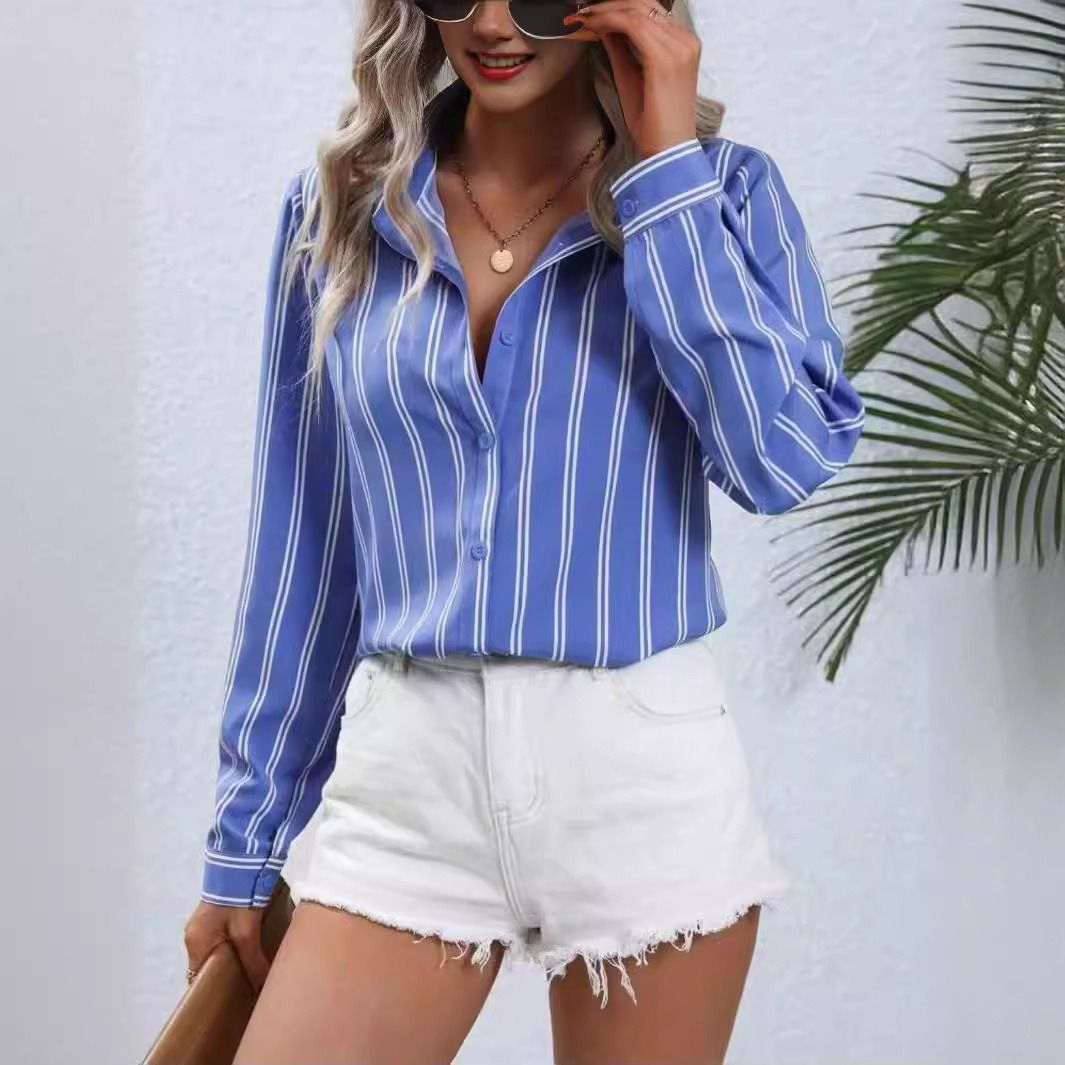 2024 Europe and the United States Amazon cross-border foreign trade new commuter fashion striped loose long-sleeved shirt woman