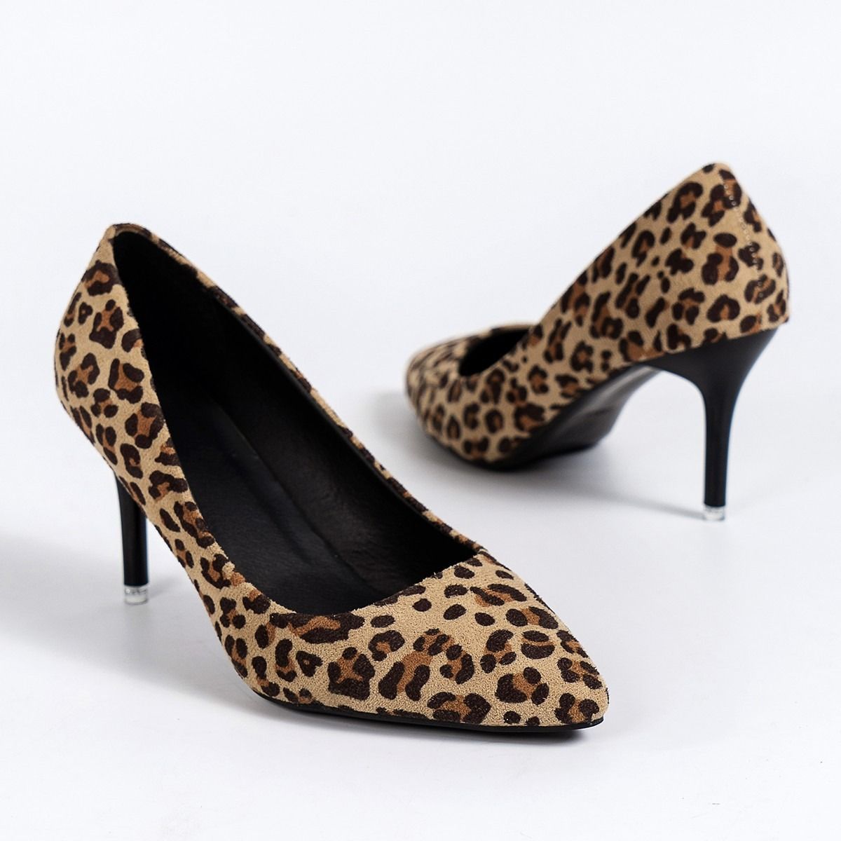 Cross-border large size suede leopard high heels women's new cross-border thin heel single shoes pointed shallow mouth European and American fashion shoes