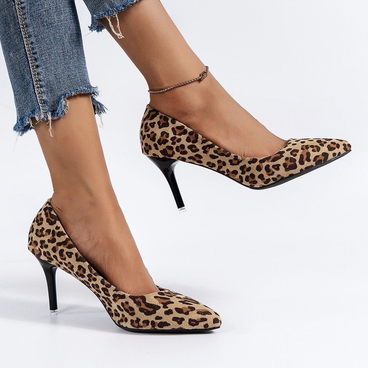 Cross-border large size suede leopard high heels women's new cross-border thin heel single shoes pointed shallow mouth European and American fashion shoes
