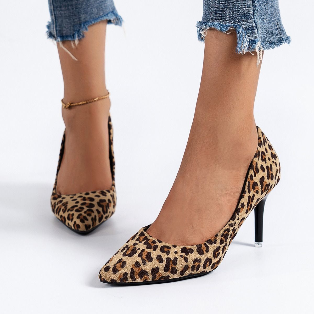 Cross-border large size suede leopard high heels women's new cross-border thin heel single shoes pointed shallow mouth European and American fashion shoes