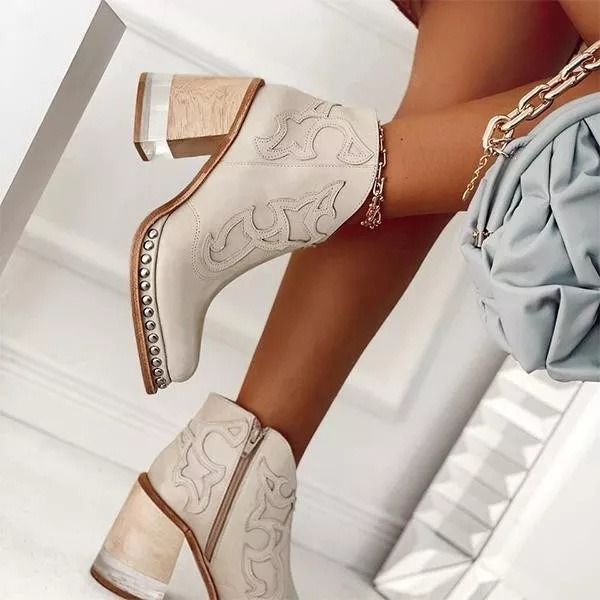 Cross-border foreign trade plus size 2024 European and American embroidered fashion boots women's studded studded acrylic crystal high heel ankle boots