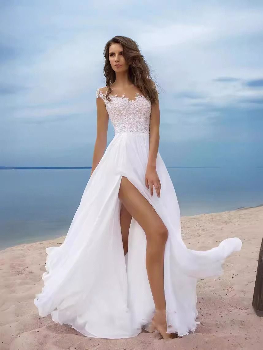 2024 new European Amazon lace chiffon dress ball White evening dress slit skirt slip skirt V-neck neck evening dress