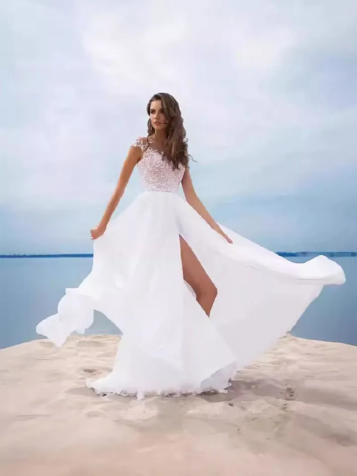 2024 new European Amazon lace chiffon dress ball White evening dress slit skirt slip skirt V-neck neck evening dress