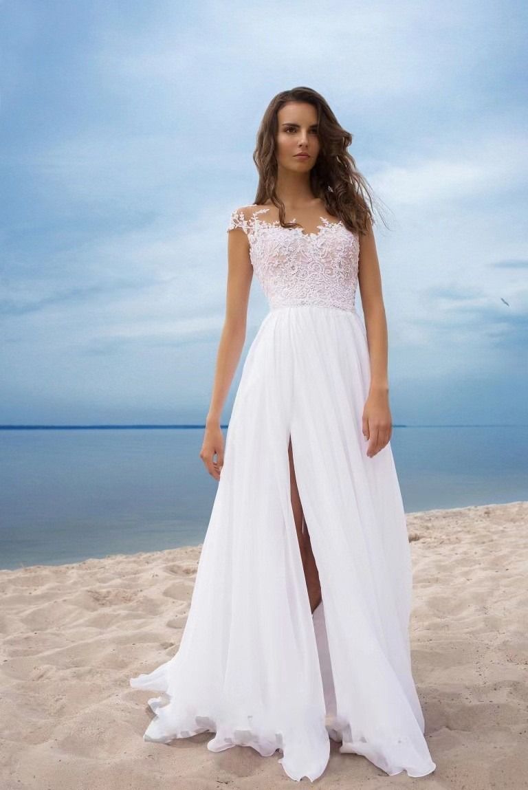 2024 new European Amazon lace chiffon dress ball White evening dress slit skirt slip skirt V-neck neck evening dress
