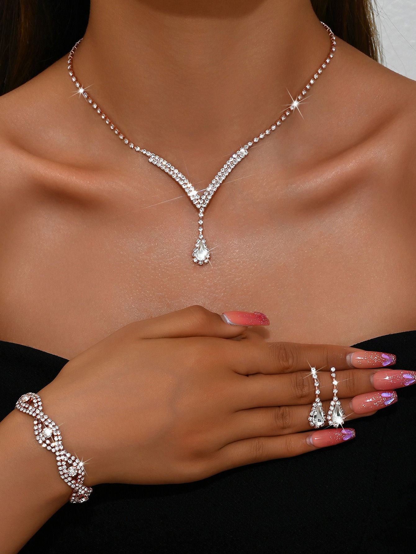 Africa new necklace set cross-border e-commerce bride girl jewelry Europe and the United States flash diamond necklace earrings earrings wedding jewelry set wholesale