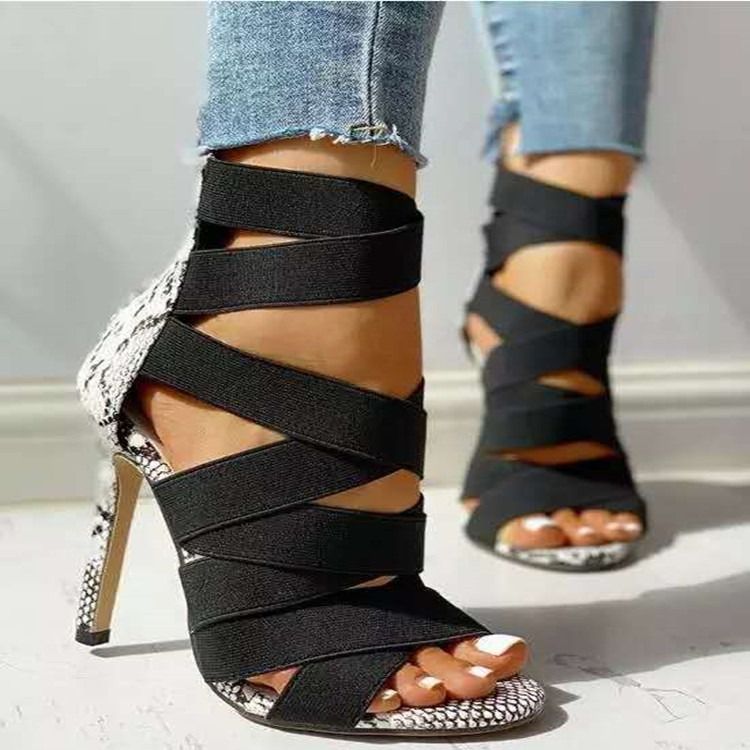 African new women's high heels black spot pointy fish mouth high heels back zipper women's shoes hollow-out tightness European and American fashion sandals women's Roman sandals