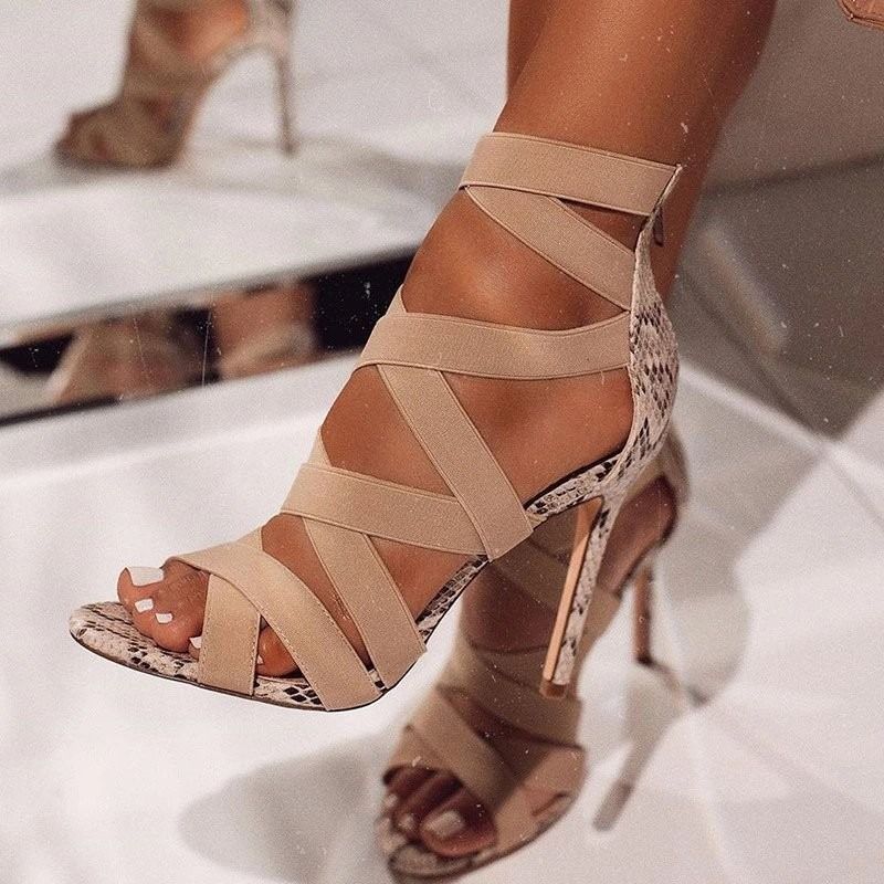 African new women's high heels black spot pointy fish mouth high heels back zipper women's shoes hollow-out tightness European and American fashion sandals women's Roman sandals