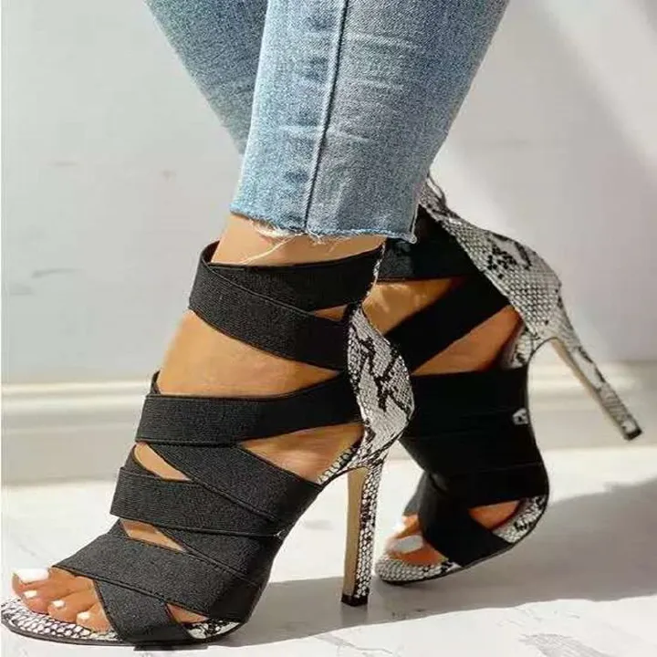 African new women's high heels black spot pointy fish mouth high heels back zipper women's shoes hollow-out tightness European and American fashion sandals women's Roman sandals