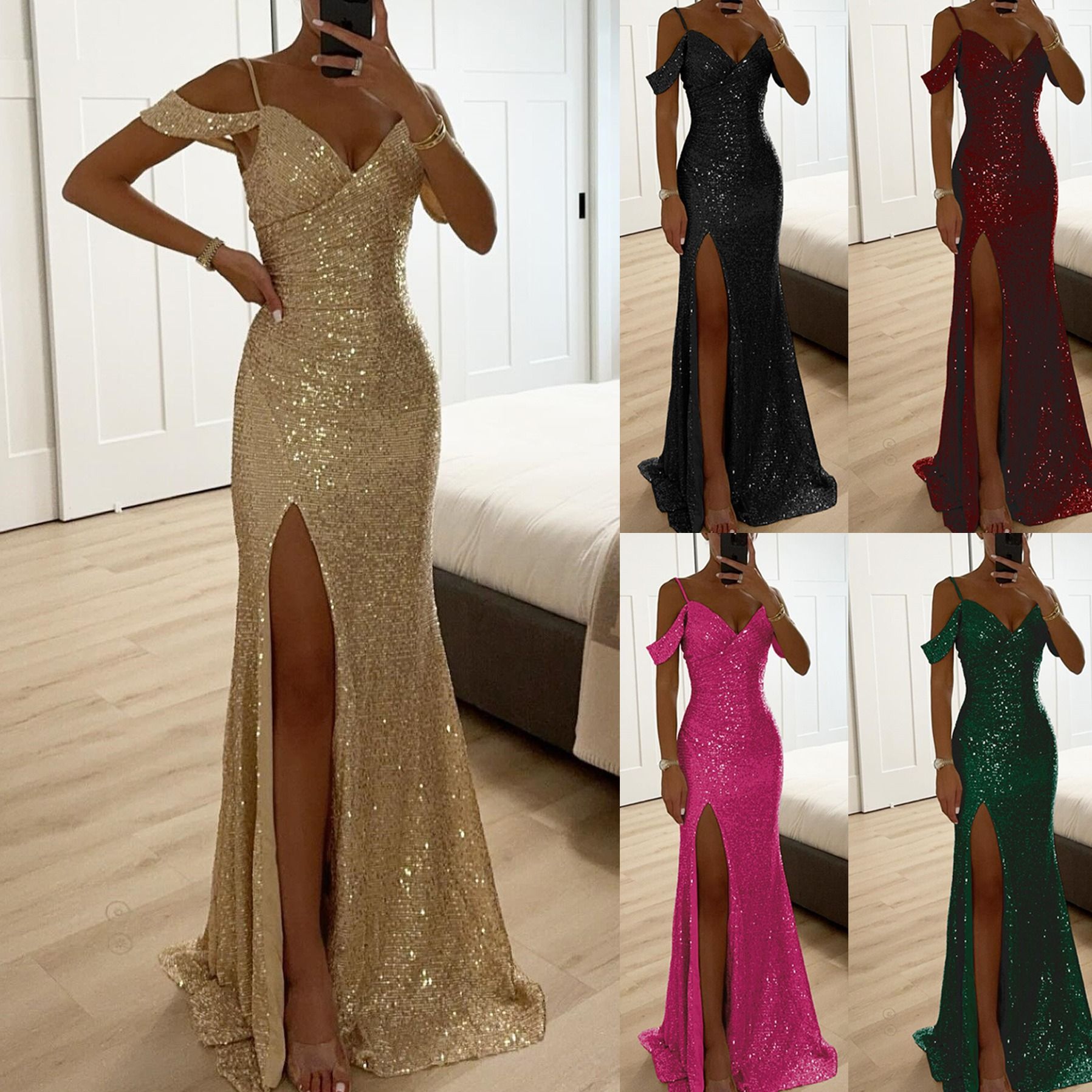 Africa new women's halter dress cross-border 2024 Europe and the United States Spring and autumn new halter sequin slit dress INS casual loose party jumpsuit