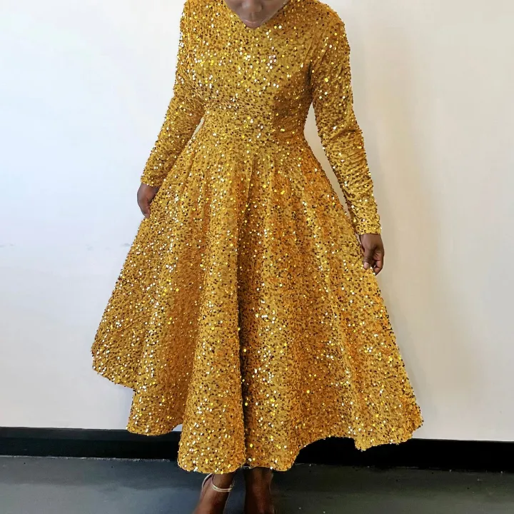 2024 Africa America D469 New Fashion Women's Round Neck Long Sleeve Solid Color Sequins High Waist Temperament Mid-long Evening Dress Pop Sequins Temperament Elegant Style