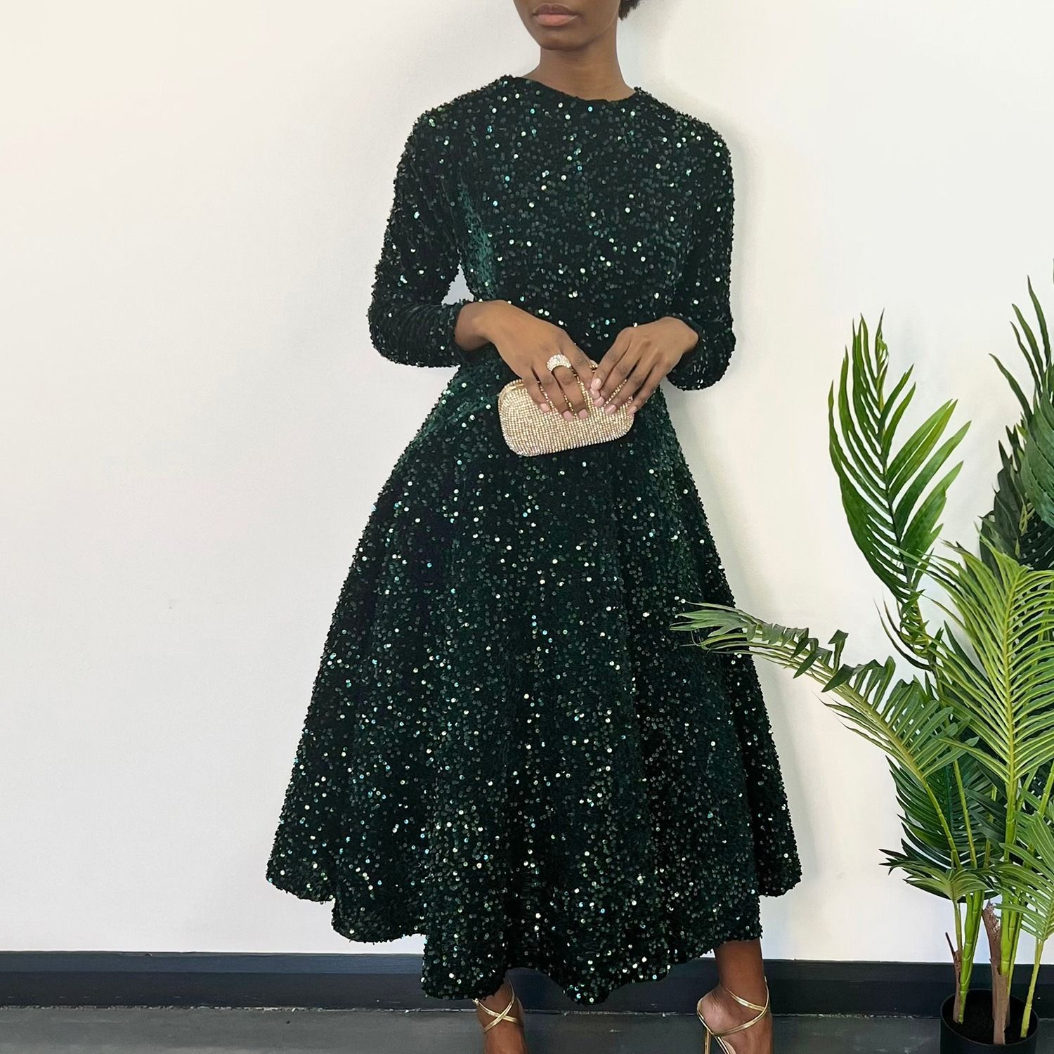 2024 Africa America D469 New Fashion Women's Round Neck Long Sleeve Solid Color Sequins High Waist Temperament Mid-long Evening Dress Pop Sequins Temperament Elegant Style
