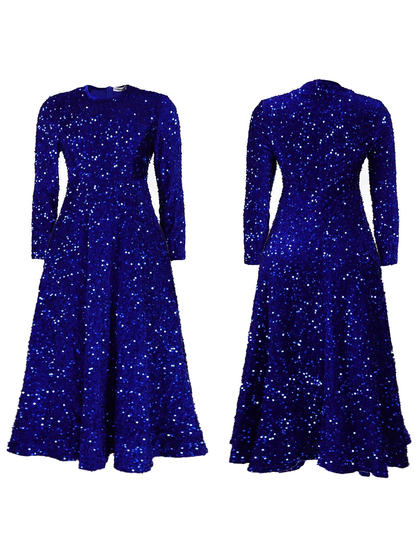 2024 Africa America D469 New Fashion Women's Round Neck Long Sleeve Solid Color Sequins High Waist Temperament Mid-long Evening Dress Pop Sequins Temperament Elegant Style