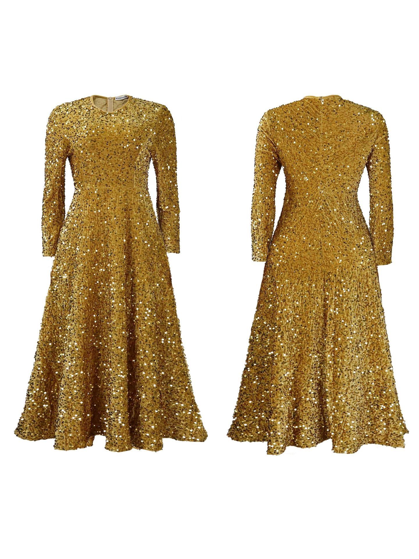 2024 Africa America D469 New Fashion Women's Round Neck Long Sleeve Solid Color Sequins High Waist Temperament Mid-long Evening Dress Pop Sequins Temperament Elegant Style