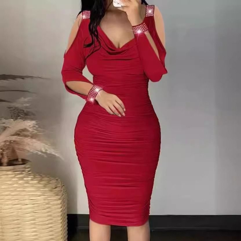 2024 Africa new women's dress Amazon foreign trade Europe and the United States women's hot drill V-neck pleated tight skirt package hip off-the-shoulder dress