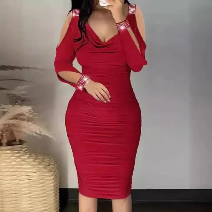 2024 Africa new women's dress Amazon foreign trade Europe and the United States women's hot drill V-neck pleated tight skirt package hip off-the-shoulder dress