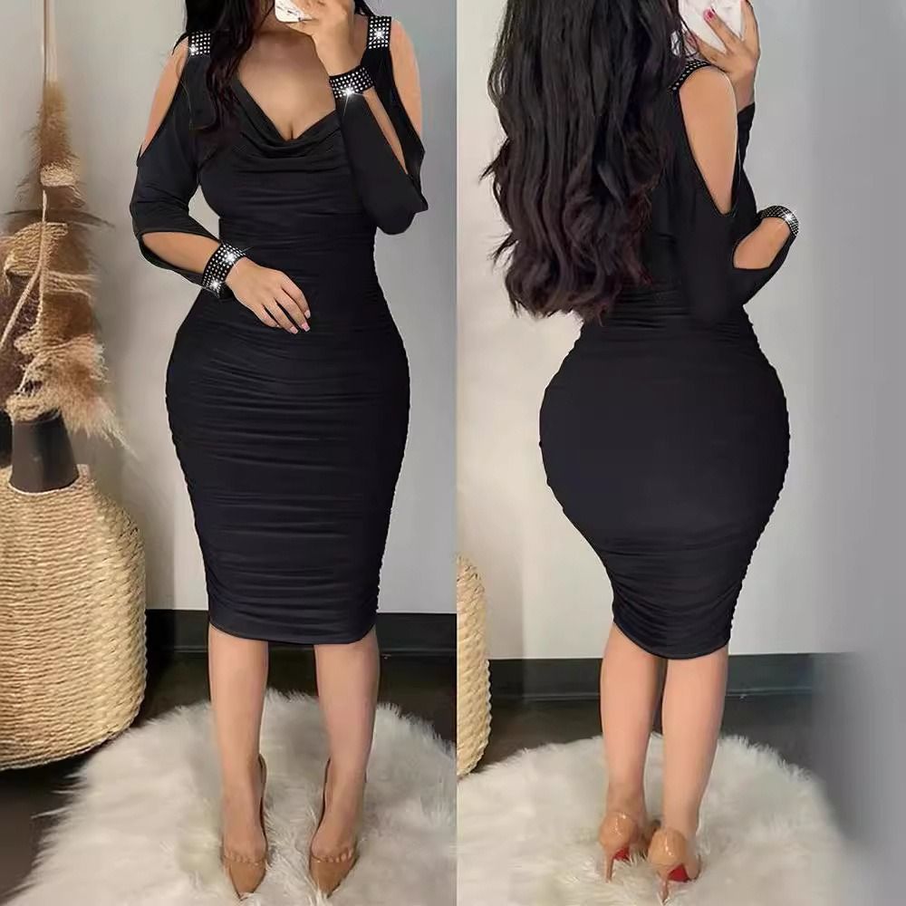 2024 Africa new women's dress Amazon foreign trade Europe and the United States women's hot drill V-neck pleated tight skirt package hip off-the-shoulder dress