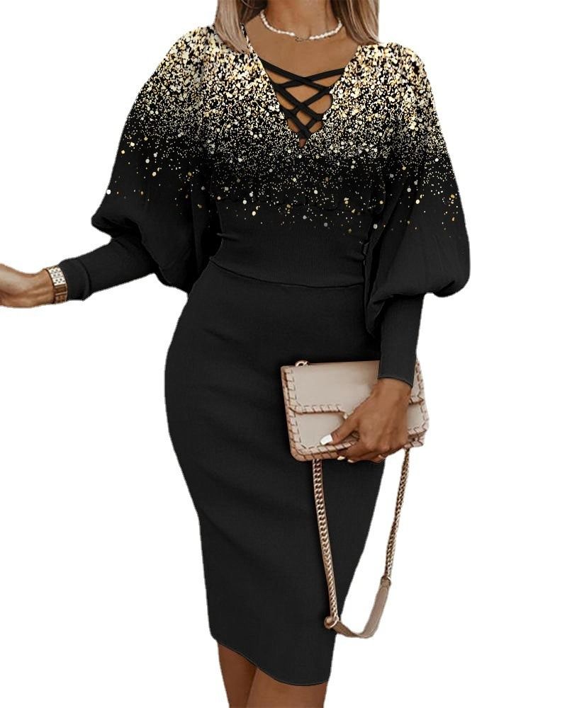 2024 Independent station Aliexpress Amazon burst autumn and winter long-sleeved V-neck Fanny pack hip V-neck temperament commuter print MIDI dress for women