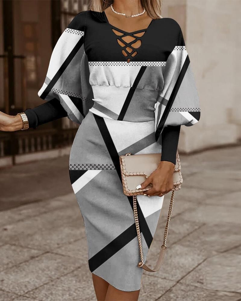 2024 Independent station Aliexpress Amazon burst autumn and winter long-sleeved V-neck Fanny pack hip V-neck temperament commuter print MIDI dress for women