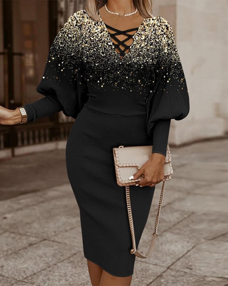 2024 Independent station Aliexpress Amazon burst autumn and winter long-sleeved V-neck Fanny pack hip V-neck temperament commuter print MIDI dress for women